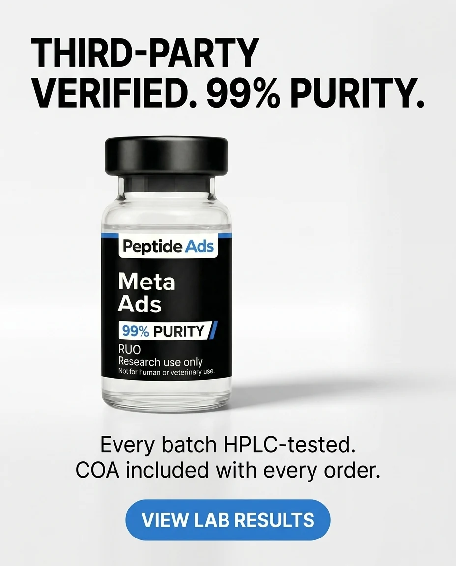 AI-generated 4:5 feed ad creative for a research peptide brand: vial with third-party verified purity and COA messaging