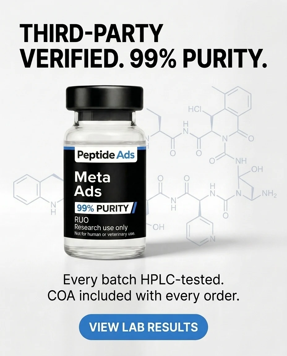 AI-generated 4:5 feed ad creative for a research peptide brand: vial over a molecular structure background with COA messaging