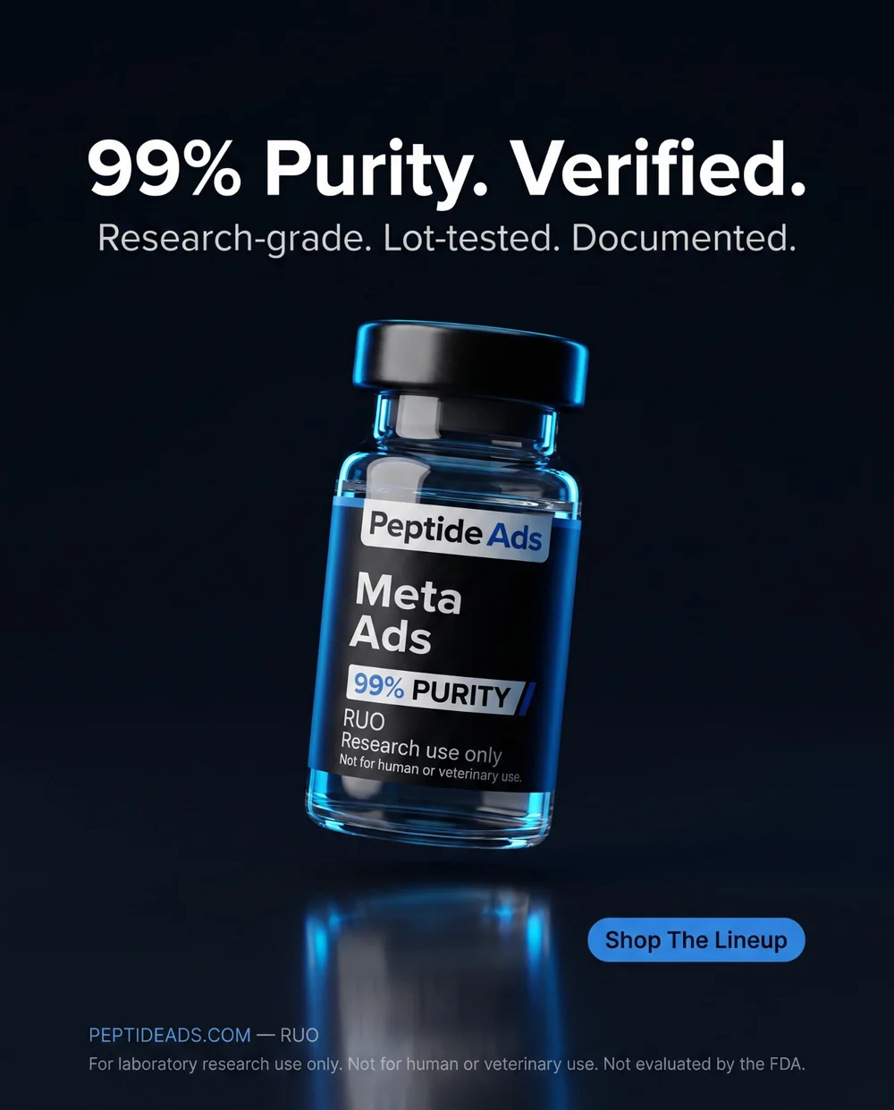 AI-generated 4:5 feed ad creative for a research peptide brand: floating vial, headline 99% Purity. Verified