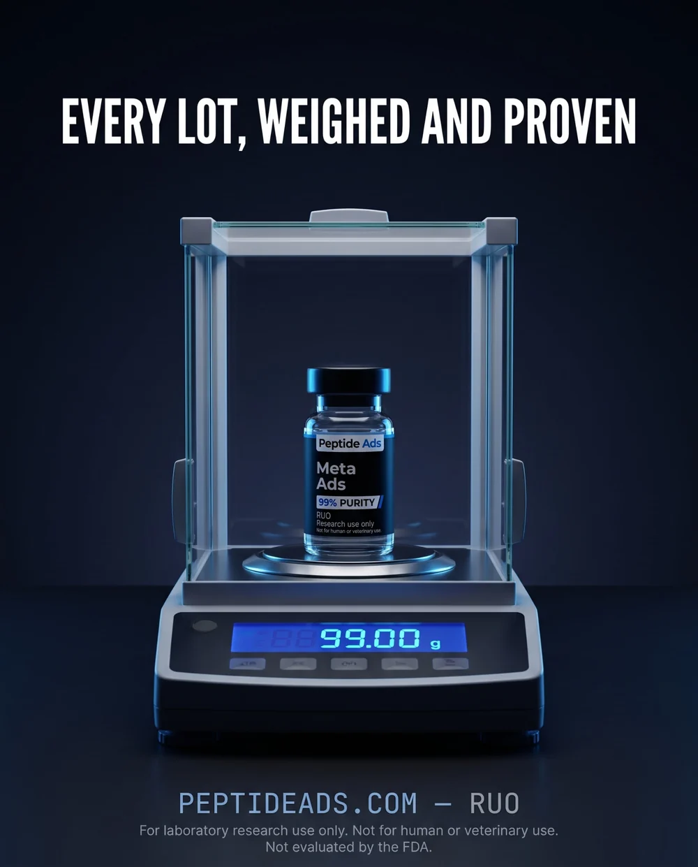 AI-generated 4:5 feed ad creative for a research peptide brand: vial inside a glass analytical balance, headline Every lot, weighed and proven