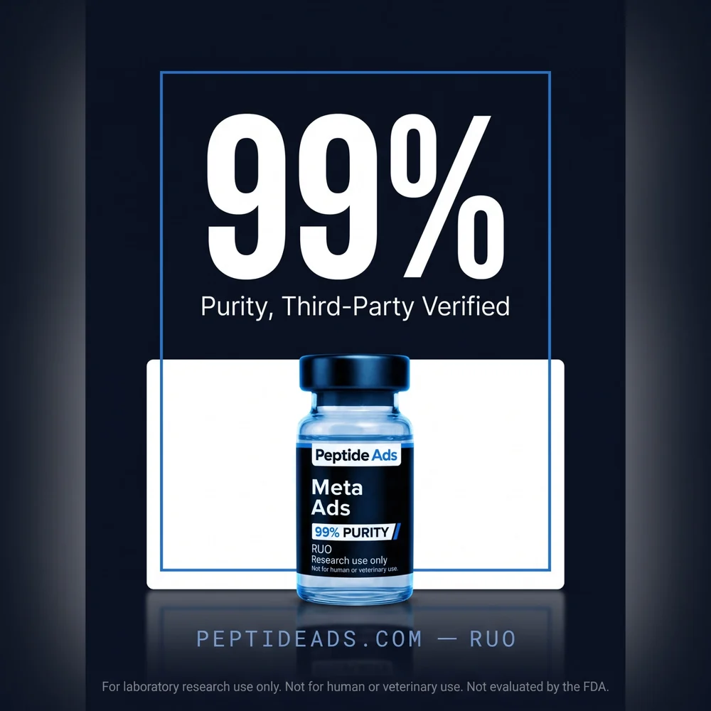 AI-generated 1:1 square ad creative for a research peptide brand: large 99% figure beside a labelled vial