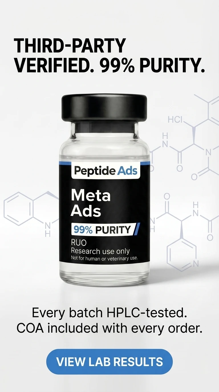 AI-generated 9:16 story ad creative for a research peptide brand: vertical vial layout with COA and purity messaging