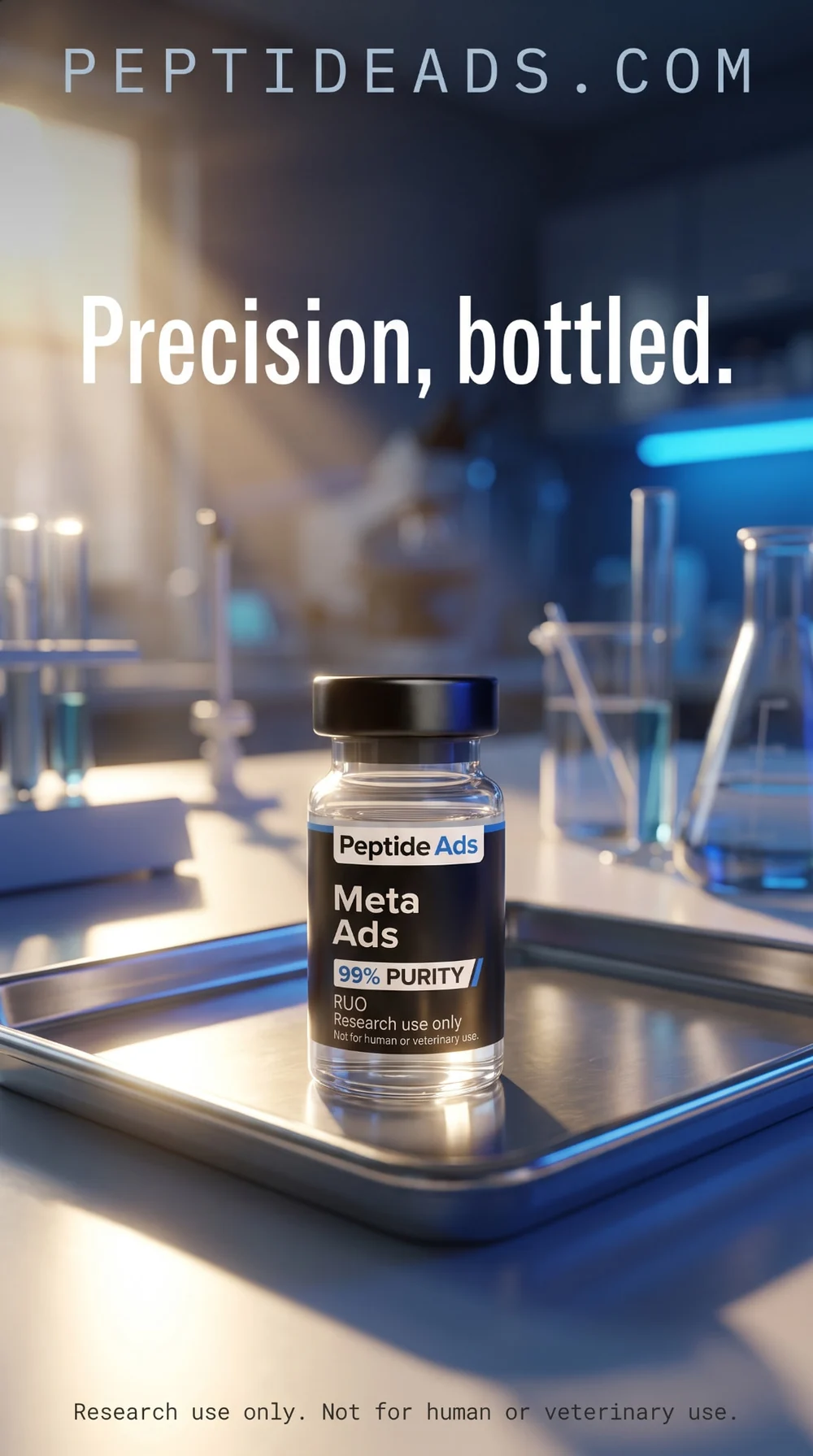 AI-generated 9:16 story ad creative for a research peptide brand: vial on a lab tray, headline Precision, bottled