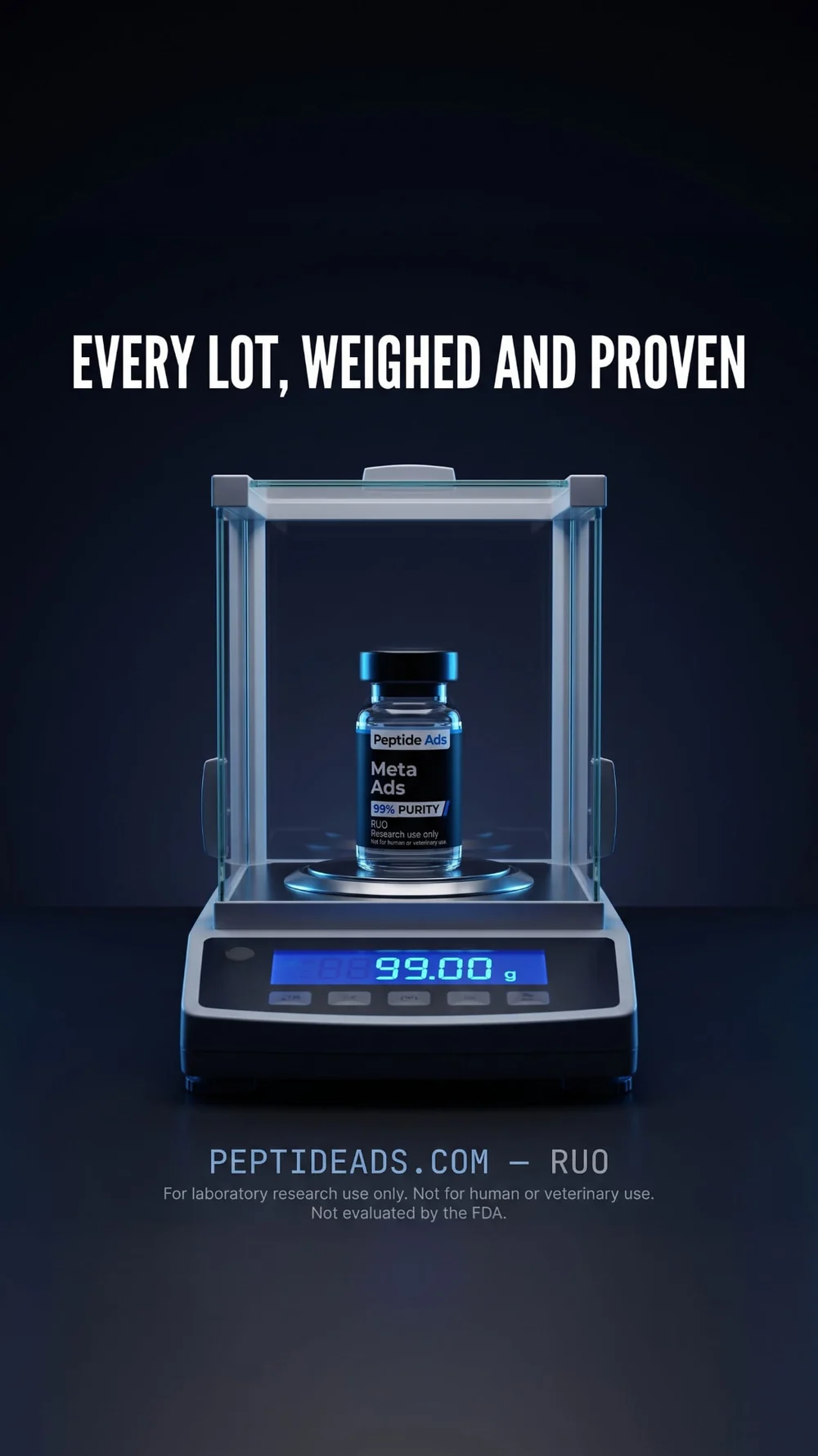AI-generated 9:16 story ad creative for a research peptide brand: vial inside a glass analytical balance, headline Every lot, weighed and proven