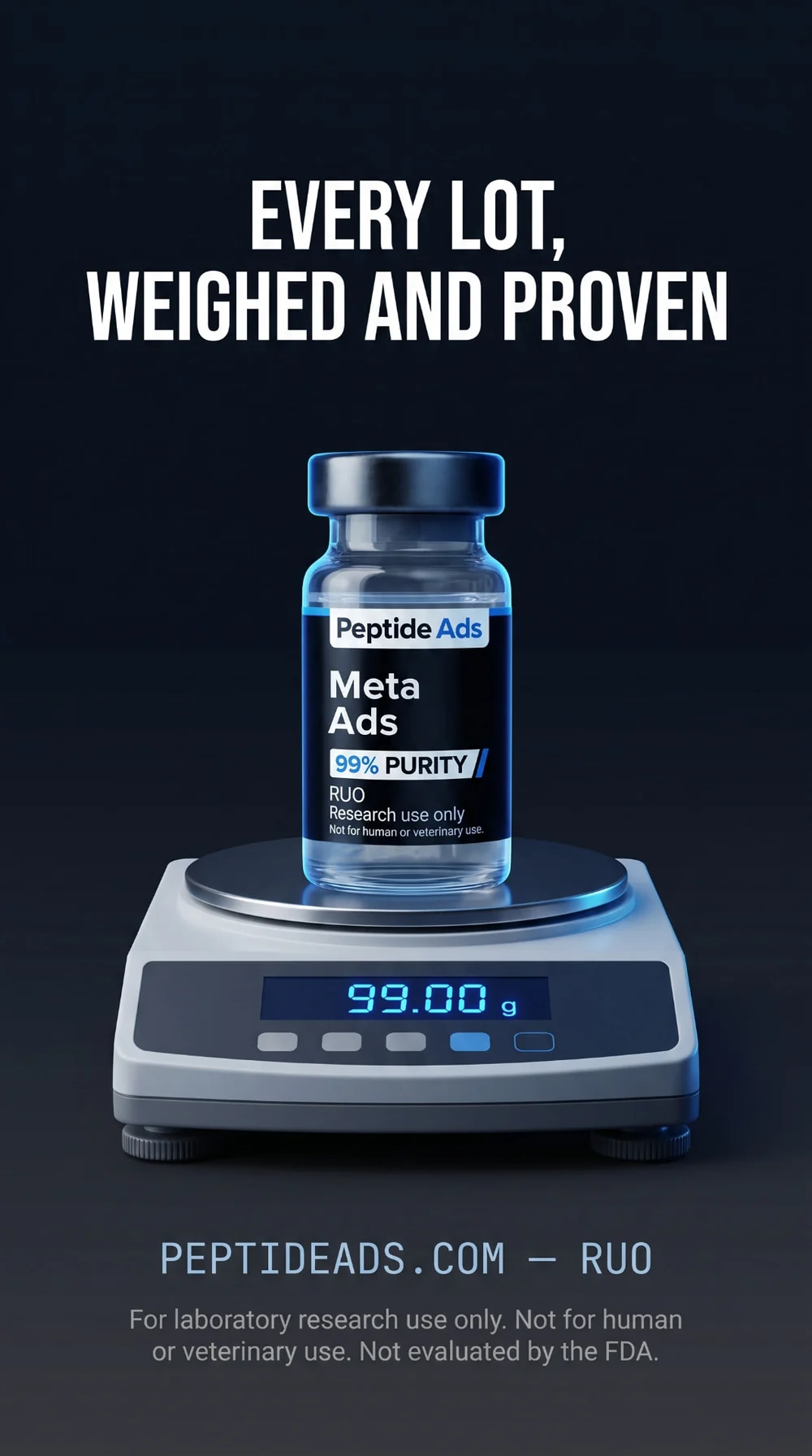 AI-generated 9:16 story ad creative for a research peptide brand: vial on an open benchtop scale, headline Every lot, weighed and proven